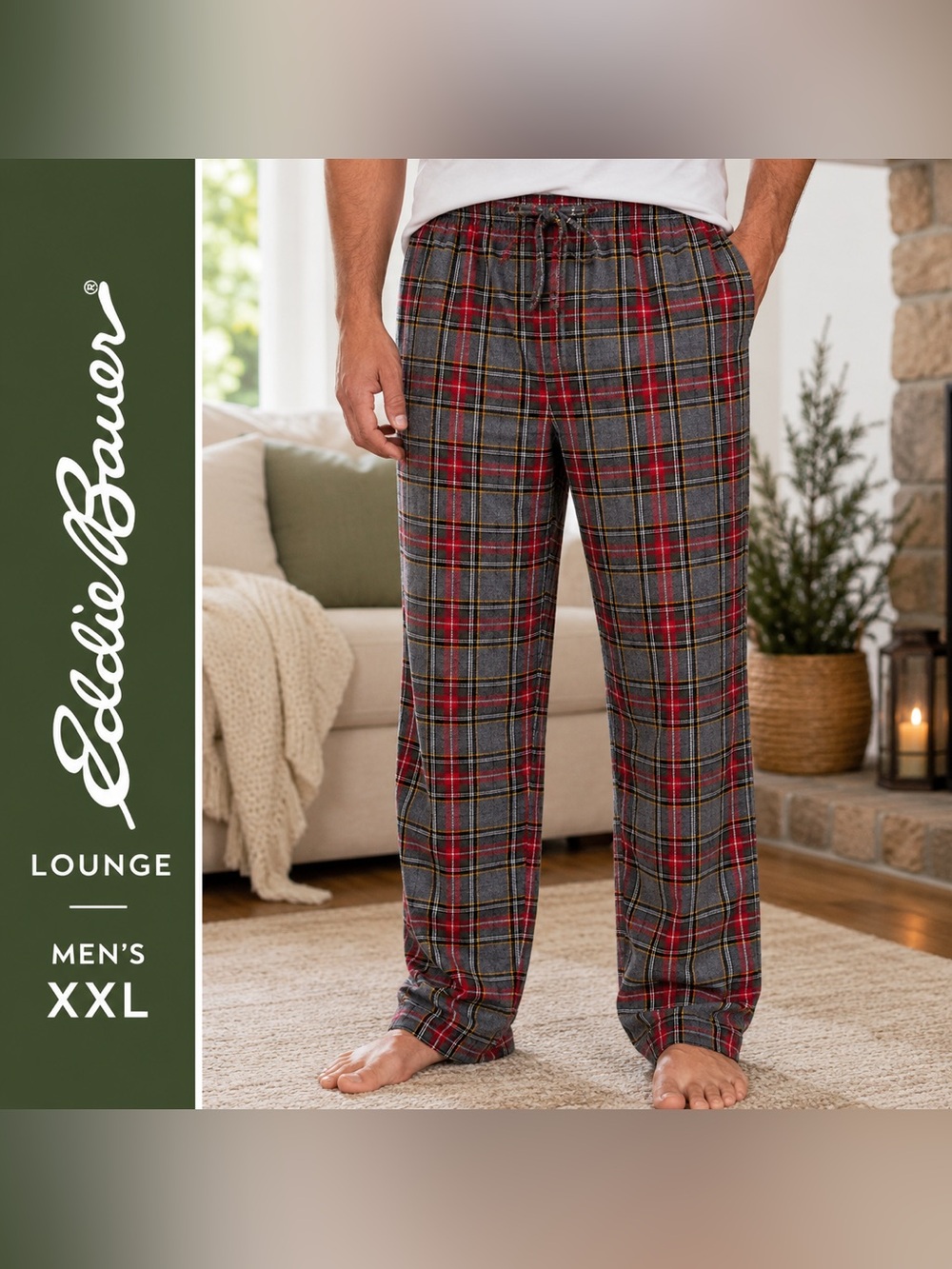 Eddie Bauer Plaid Lounge Pants in Olive, Red/Black Mens XXL Flannel Pajamas